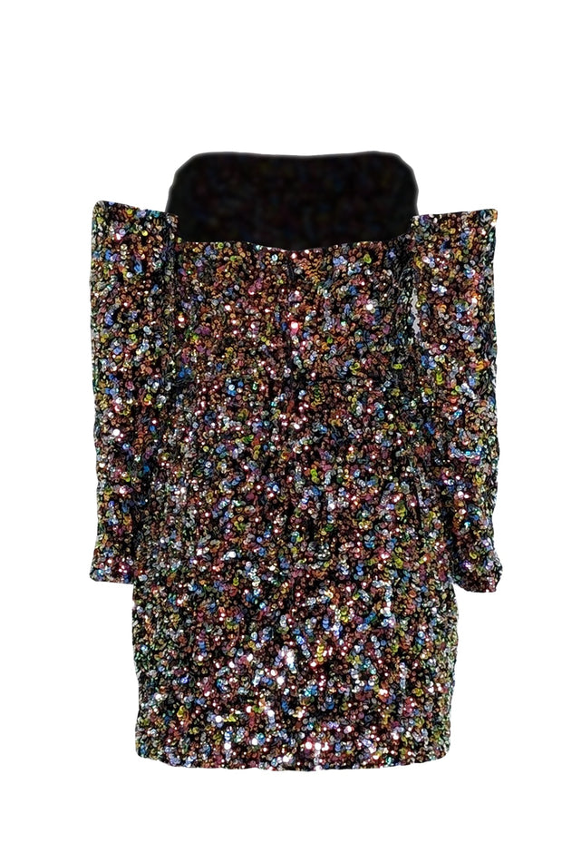 Helsi - Black & Multi Color Lindsay Off-Shoulder Sequin Velvet Mini Dress Sz L Helsi - Black & Multi Color Lindsay Off-Shoulder Sequin Velvet Mini Dress Sz L