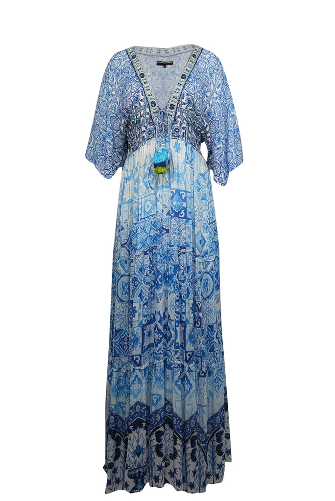 Hemant & Nandita - Blue & White Paisley Print Shirred Maxi Dress Sz M Hemant & Nandita - Blue & White Paisley Print Shirred Maxi Dress Sz M