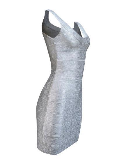 Herve Leger - Silver Metallic Scoop Neck Bandage Dress Sz M Herve Leger - Silver Metallic Scoop Neck Bandage Dress Sz M