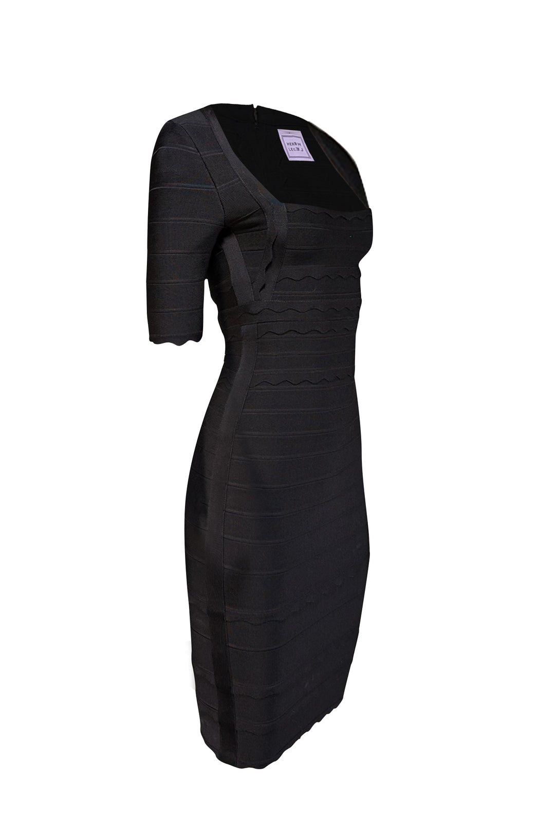Herve Leger - Black Short Sleeve Bandage Dress w/ Scalloped Trim Sz S