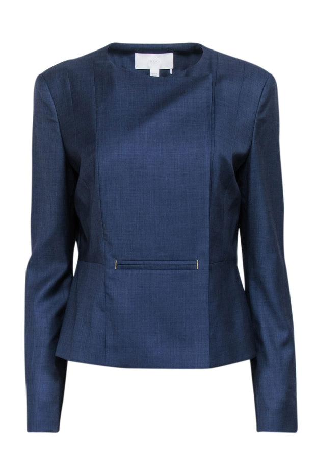 Current Boutique-Hugo Boss - Navy Collarless Wrap Front Snap Button Blazer Sz 8