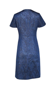 Hugo Boss - Metallic Dark Blue Brocade Short Sleeve Dress Sz 8 - Current Boutique