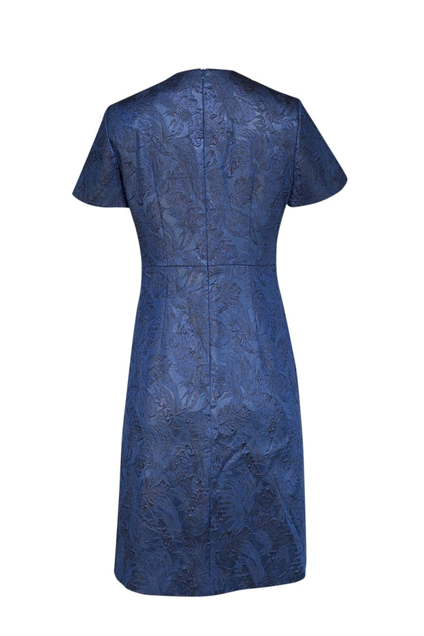 Hugo Boss - Metallic Dark Blue Brocade Short Sleeve Dress Sz 8 - Current Boutique