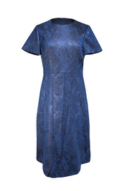 Hugo Boss - Metallic Dark Blue Brocade Short Sleeve Dress Sz 8 - Current Boutique