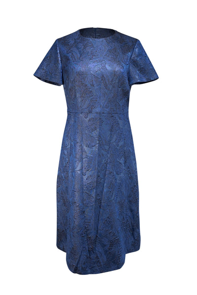 Hugo Boss - Metallic Dark Blue Brocade Short Sleeve Dress Sz 8 - Current Boutique
