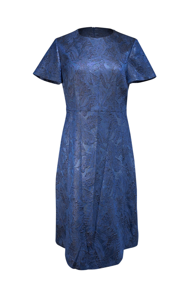 Hugo Boss - Metallic Dark Blue Brocade Short Sleeve Dress Sz 8 - Current Boutique