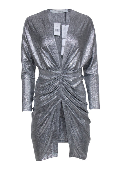 Current Boutique-IRO - Silver Metallic V-Neck Ruched Dress Sz 4