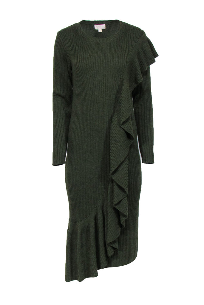 J.Crew Collection - Green Ribbed Knit Long Sleeve Ruffle Dress Sz M J.Crew Collection - Green Ribbed Knit Long Sleeve Ruffle Dress Sz M
