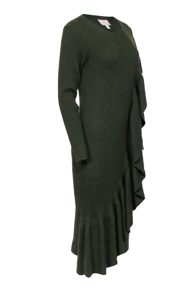 J.Crew Collection - Green Ribbed Knit Long Sleeve Ruffle Dress Sz M J.Crew Collection - Green Ribbed Knit Long Sleeve Ruffle Dress Sz M