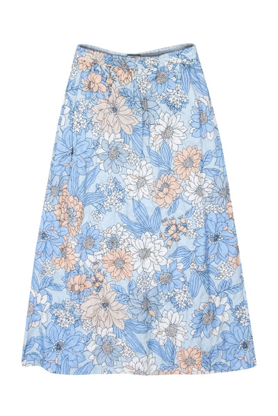 Current Boutique-J.Crew Collection - Light Blue, Peach, & Ivory Floral Print Textured Satin Skirt Sz S