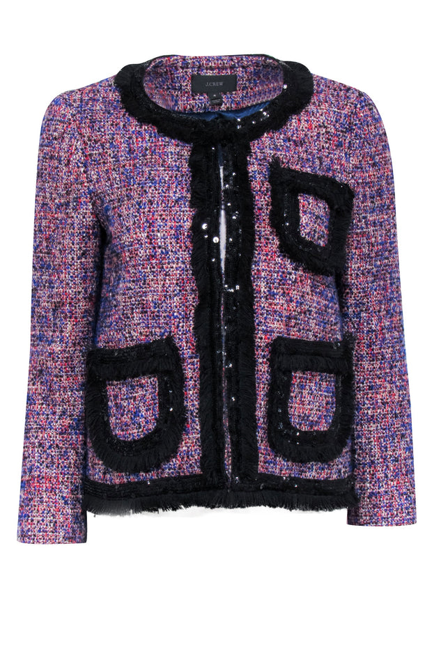 Current Boutique-J.Crew - Blue, Red, Black, & Cream Boucle Jacket w/ Sequin & Fringe Trims Sz 4