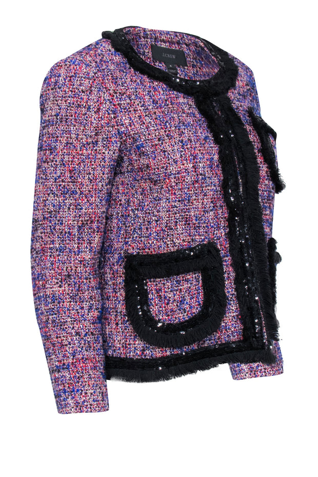 Current Boutique-J.Crew - Blue, Red, Black, & Cream Boucle Jacket w/ Sequin & Fringe Trims Sz 4