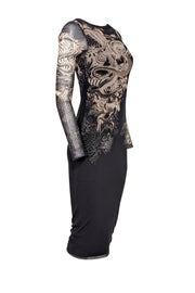 Jean Paul Gaultier - Black & Beige "Tattoo" Mesh Long Sleeve Dress Sz Jean Paul Gaultier - Black & Beige "Tattoo" Mesh Long Sleeve Dress Sz
