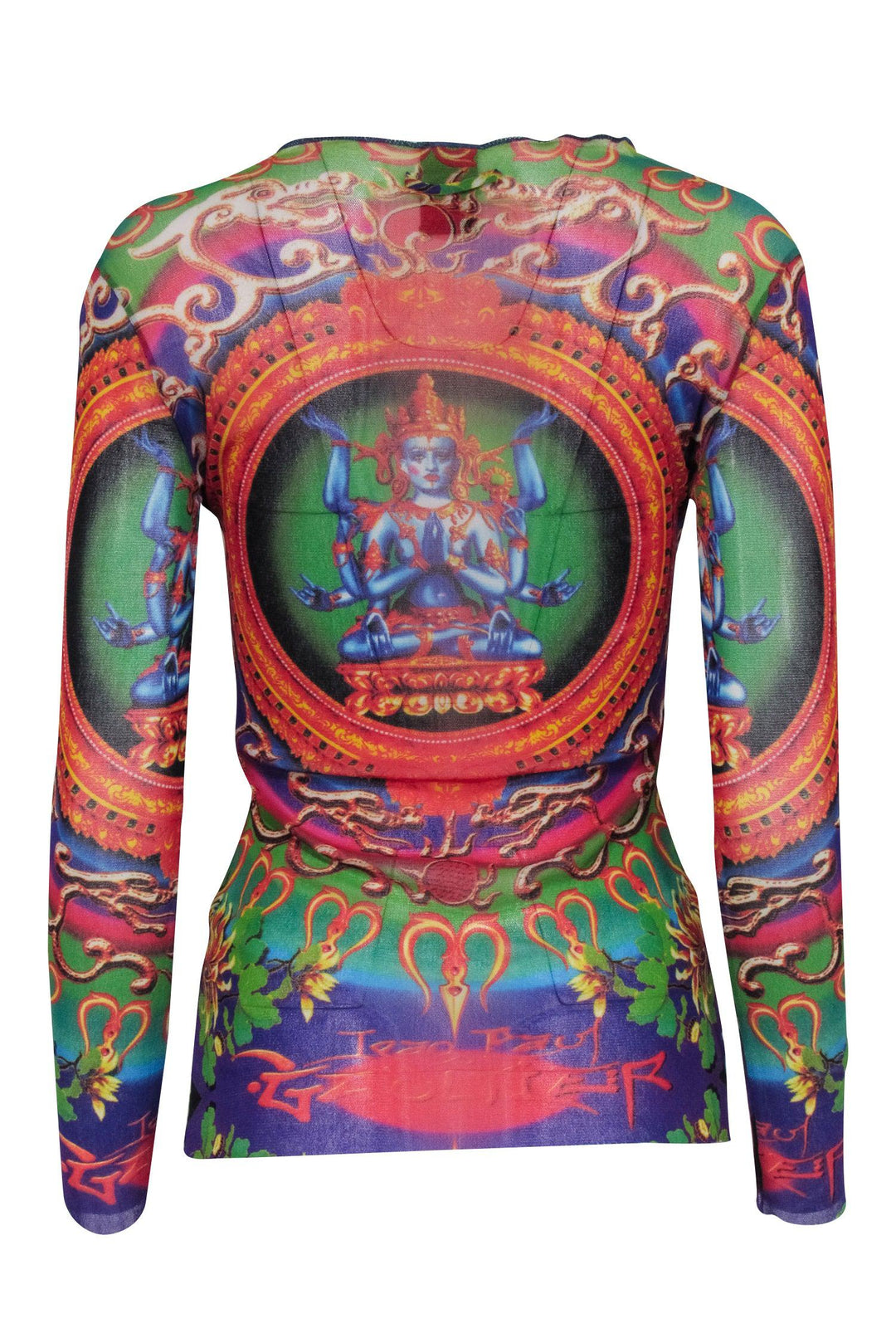Jean Paul Gaultier - Green & Multicolor Hindu Goddess Print Mesh Shirt