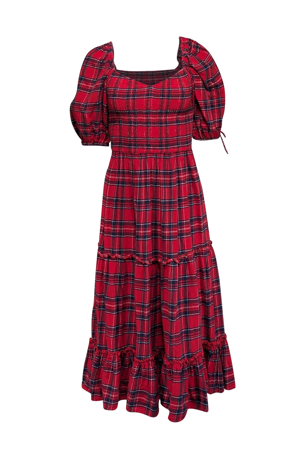 fitted lace wedding dress Navy Plaid Alessi Puff Sleeve Midi Dress – Modern Millie main image 0