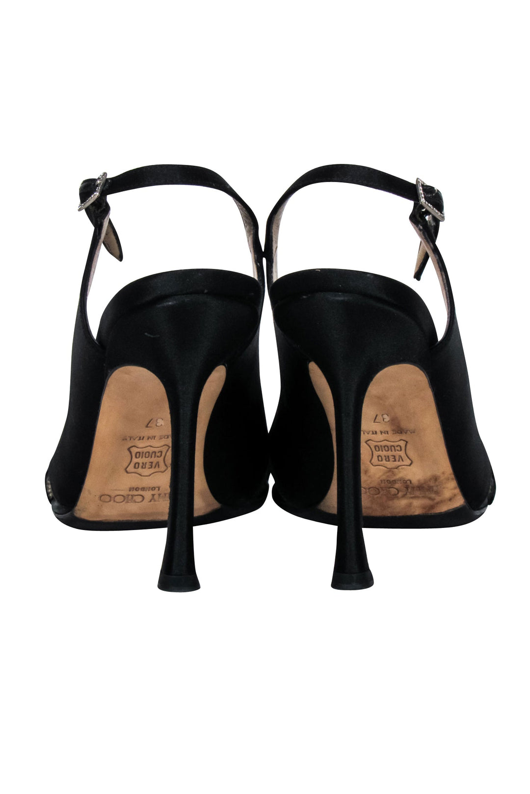 Jimmy Choo - Black Satin Jeweled Open-Toe Pumps Sz 7 – Current