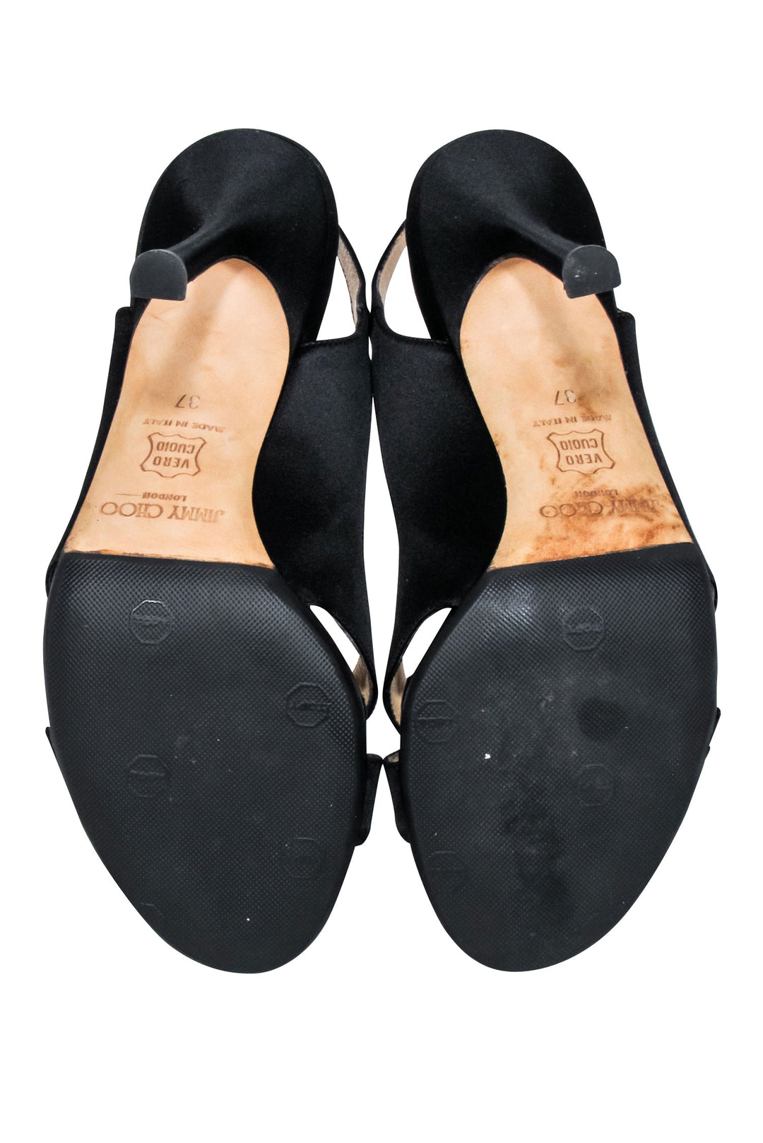 Jimmy Choo - Black Satin Jeweled Open-Toe Pumps Sz 7 – Current