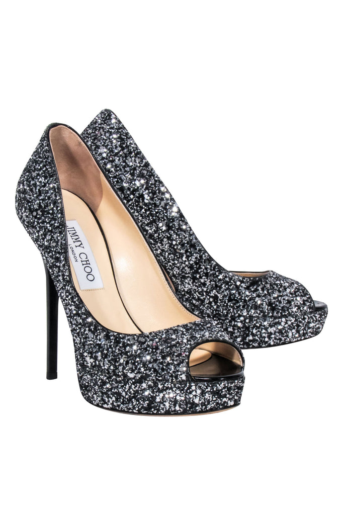 Jimmy Choo - Silver & Black Glitter Open-Toe Pumps Sz 6