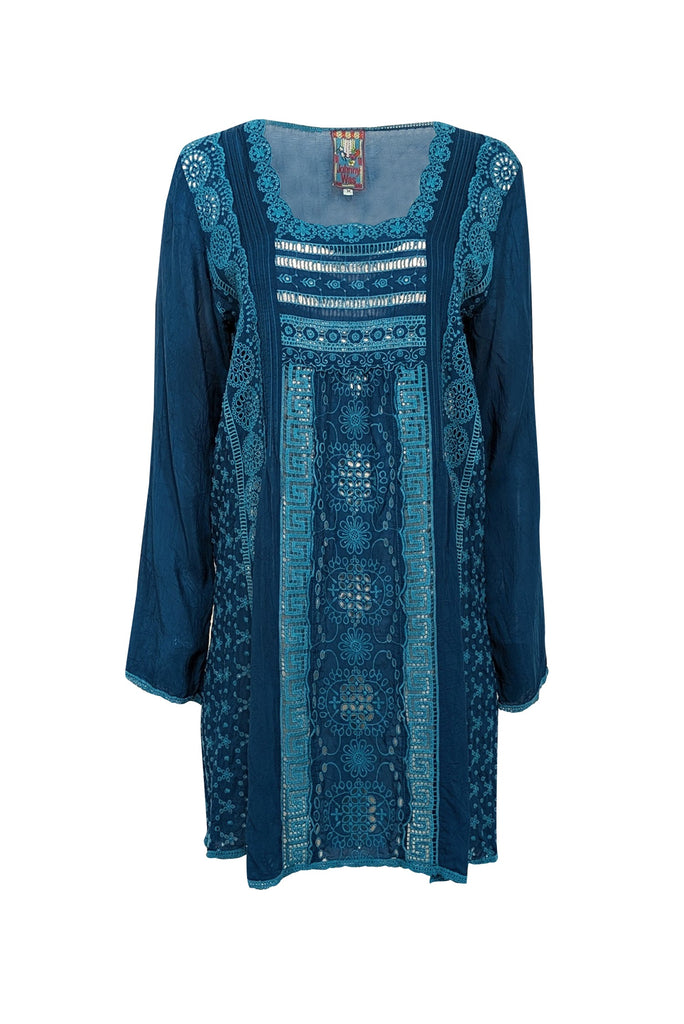 Johnny Was - Teal Blue Eyelet Detail Long Sleeve Shift Dress Sz M