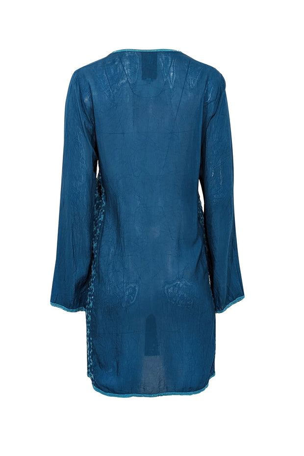 Johnny Was - Teal Blue Eyelet Detail Long Sleeve Shift Dress Sz M Johnny Was - Teal Blue Eyelet Detail Long Sleeve Shift Dress Sz M