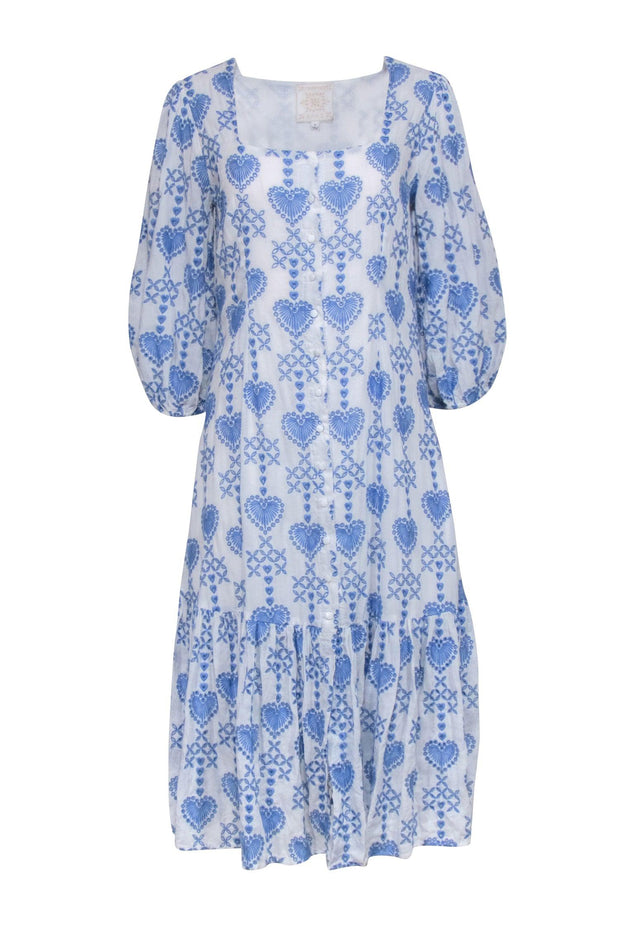 Johnny Was - White & Blue Embroidered Maxi Shirt Dress Sz S Johnny Was - White & Blue Embroidered Maxi Shirt Dress Sz S