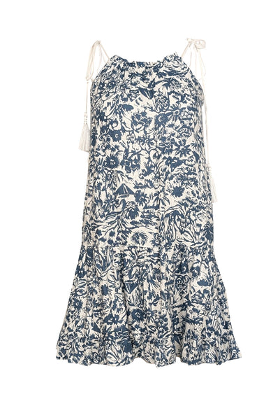 Joie - Blue & White Floral Sleeveless w/ Tassel Straps Linen Mini Dress Sz XS Joie - Blue & White Floral Sleeveless w/ Tassel Straps Linen Mini Dress Sz XS