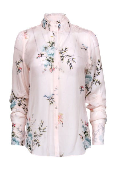 Current Boutique-Joie - Light Pink Floral Pleated Neckline Blouse Sz M