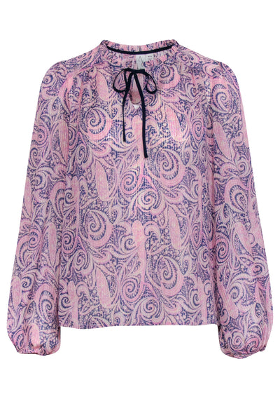Current Boutique-Joie - Pink & Blue Metallic Paisley Print Semi-Sheer Blouse Sz M
