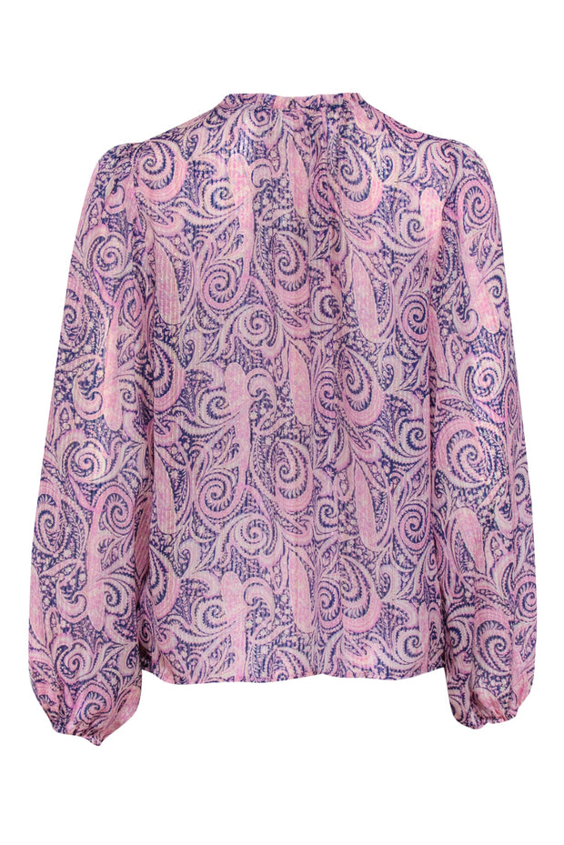 Current Boutique-Joie - Pink & Blue Metallic Paisley Print Semi-Sheer Blouse Sz M
