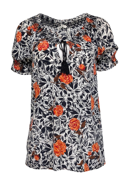 Joie - White, Navy & Red Floral Short Sleeve w/ Tassels Top Sz XS - Current Boutique