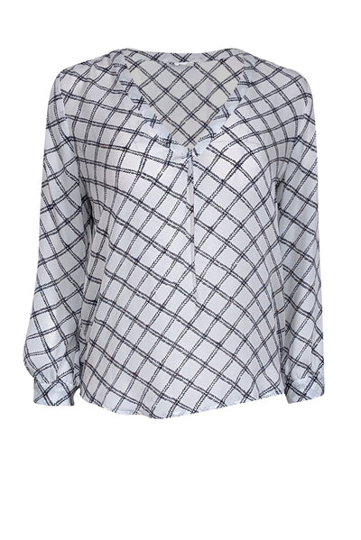 Current Boutique-Joie - White w/ Navy Diamond Pattern Silk Long Sleeve Top Sz XS