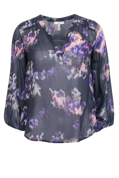 Current Boutique-Joie - Dark Grey w/ Purple, Peach, & Cream Watercolor Print Silk Top Sz XXS