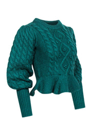 Current Boutique-Joie - Green Cable Knit w/ Textured Details Balloon Sleeve Sweater Sz S
