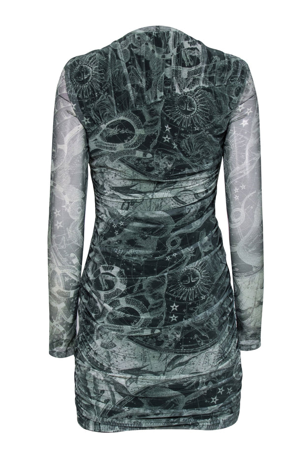 Jonathan Simkhai - Green Astrologic Print Mesh Side Ruched Dress Sz M Jonathan Simkhai - Green Astrologic Print Mesh Side Ruched Dress Sz M