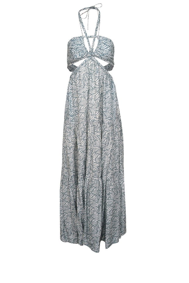 Jonathan Simkhai - Sage Green & White Leaf Print Tiered Halter Dress S