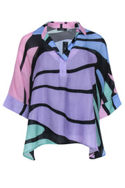 Current Boutique-Natori - Purple, Green, Pink & Blue Abstract Print Silk Blouse Sz XS