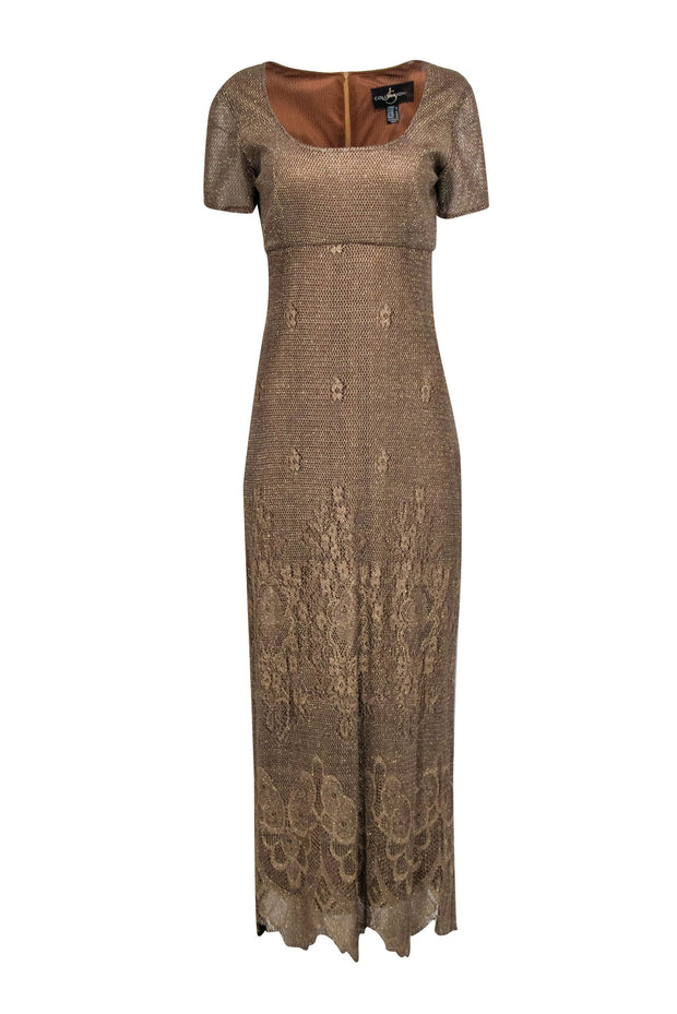 JS Collections - Metallic Gold Floral Knitted Empire Waist Dress Sz 12 JS Collections - Metallic Gold Floral Knitted Empire Waist Dress Sz 12