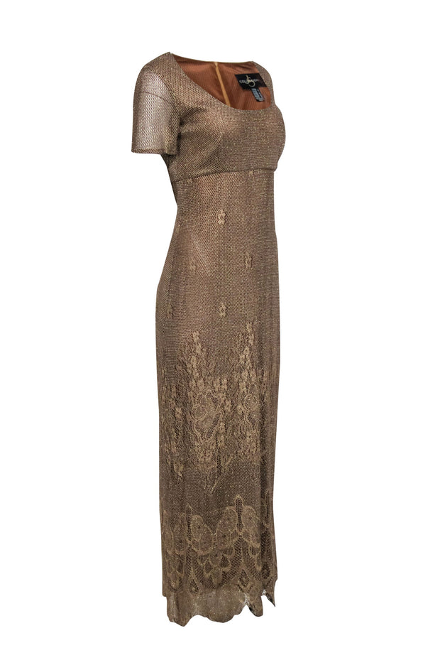 Current Boutique-JS Collections - Metallic Gold Floral Knitted Empire Waist Dress Sz 12