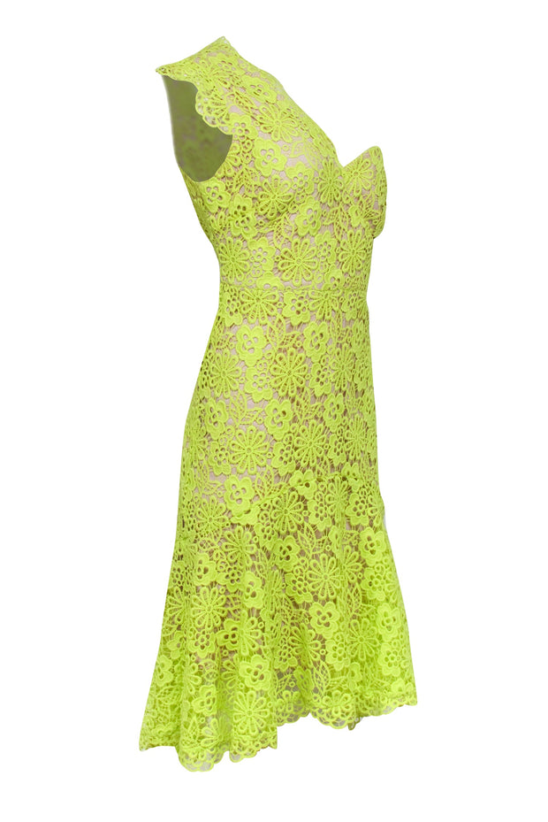Karen Millen - Chartreuse Lace One Shoulder Fit & Flare Dress Sz 10 Karen Millen - Chartreuse Lace One Shoulder Fit & Flare Dress Sz 10