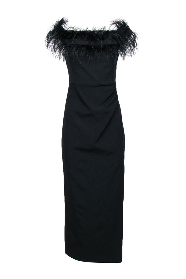 Karen Millen - Black Off The Shoulder Feather Trim Dress Sz 8 Karen Millen - Black Off The Shoulder Feather Trim Dress Sz 8