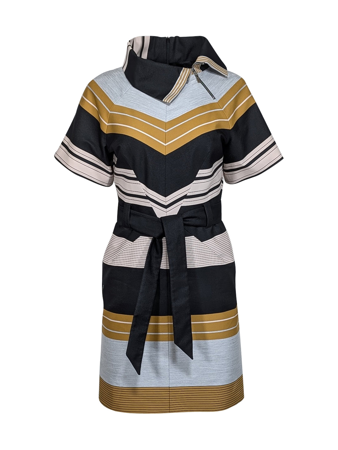 Karen Millen - Black, Grey & Yellow Striped Sheath Dress w/ Belt Sz 4 Karen Millen - Black, Grey & Yellow Striped Sheath Dress w/ Belt Sz 4