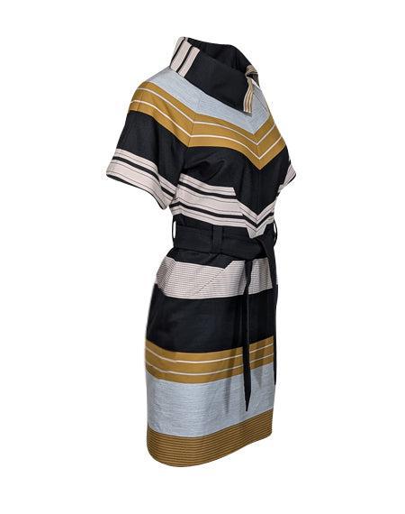 Karen Millen - Black, Grey & Yellow Striped Sheath Dress w/ Belt Sz 4 Karen Millen - Black, Grey & Yellow Striped Sheath Dress w/ Belt Sz 4