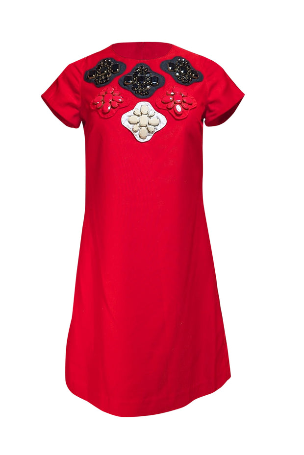 beaded shift dress with sleeves Oscar de La Renta Beaded Bow Detail Shift Dress