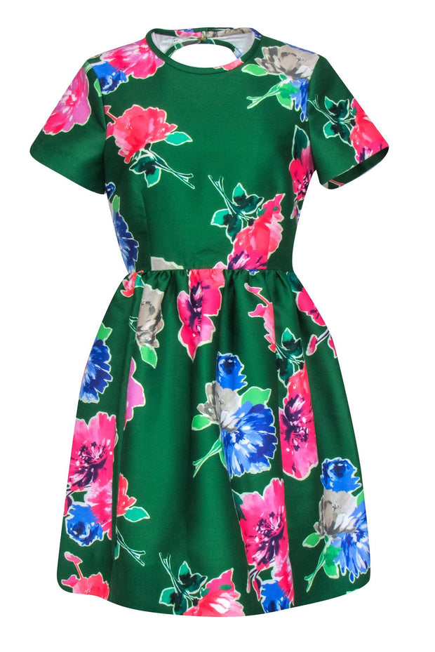 Kate Spade - Green & Pink Floral Print Short Sleeve Dress Sz 8 Kate Spade - Green & Pink Floral Print Short Sleeve Dress Sz 8