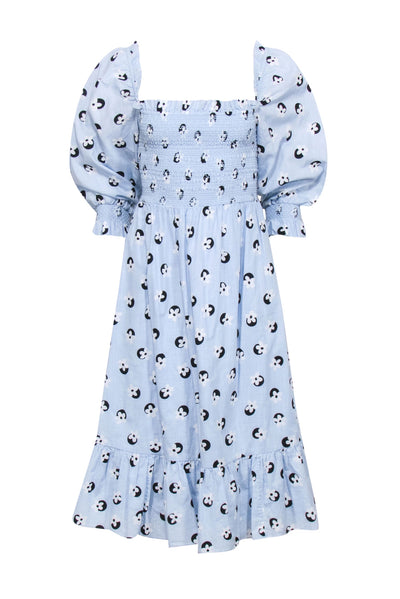 Current Boutique-Kate Spade - Pastel Blue w/ Black & White Floral Print Detail Smocked Bodice Dress Sz S