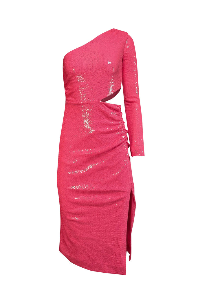 L AGENCE Christie Sequined One-Shoulder Dress Pink Glo