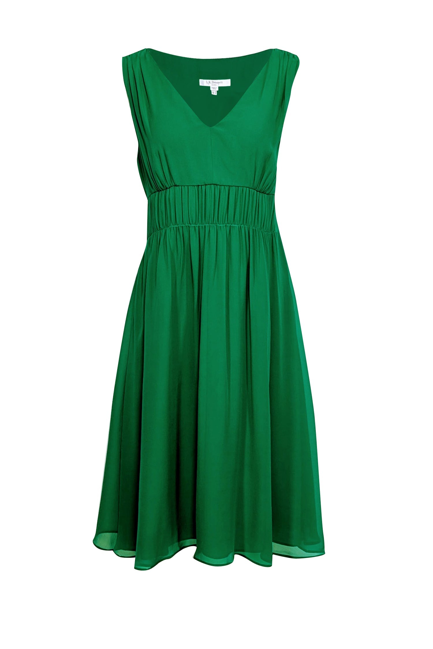 L.K. Bennett - Green Sleeveless Ruched Waist Midi Dress Sz 12