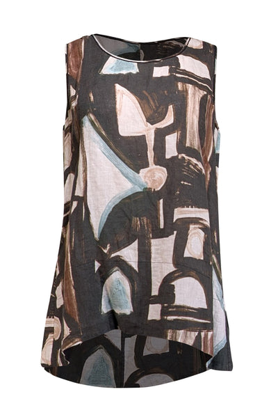 Current Boutique-Lafayette 148 - Brown, Black, & White Abstract Print Linen Sleeveless Top Sz 8