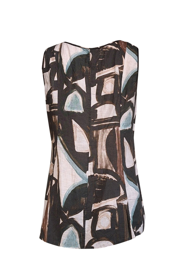 Current Boutique-Lafayette 148 - Brown, Black, & White Abstract Print Linen Sleeveless Top Sz 8
