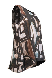 Current Boutique-Lafayette 148 - Brown, Black, & White Abstract Print Linen Sleeveless Top Sz 8